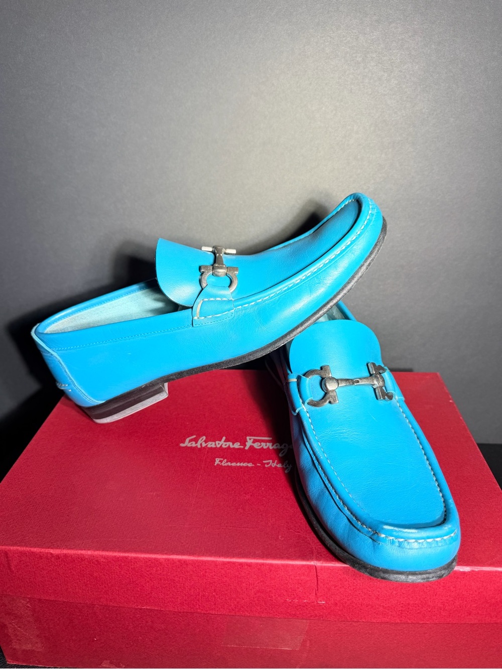 Salvatore Ferragamo Turquoise Leather Bit Loafers